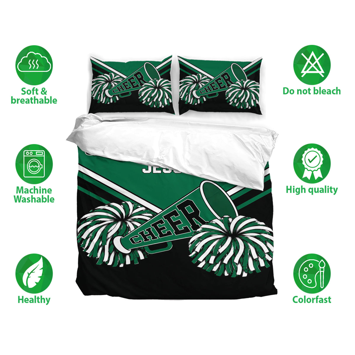 Cheerleading duvet cover bedding set with green and black pom-poms shown in a bedroom presentation