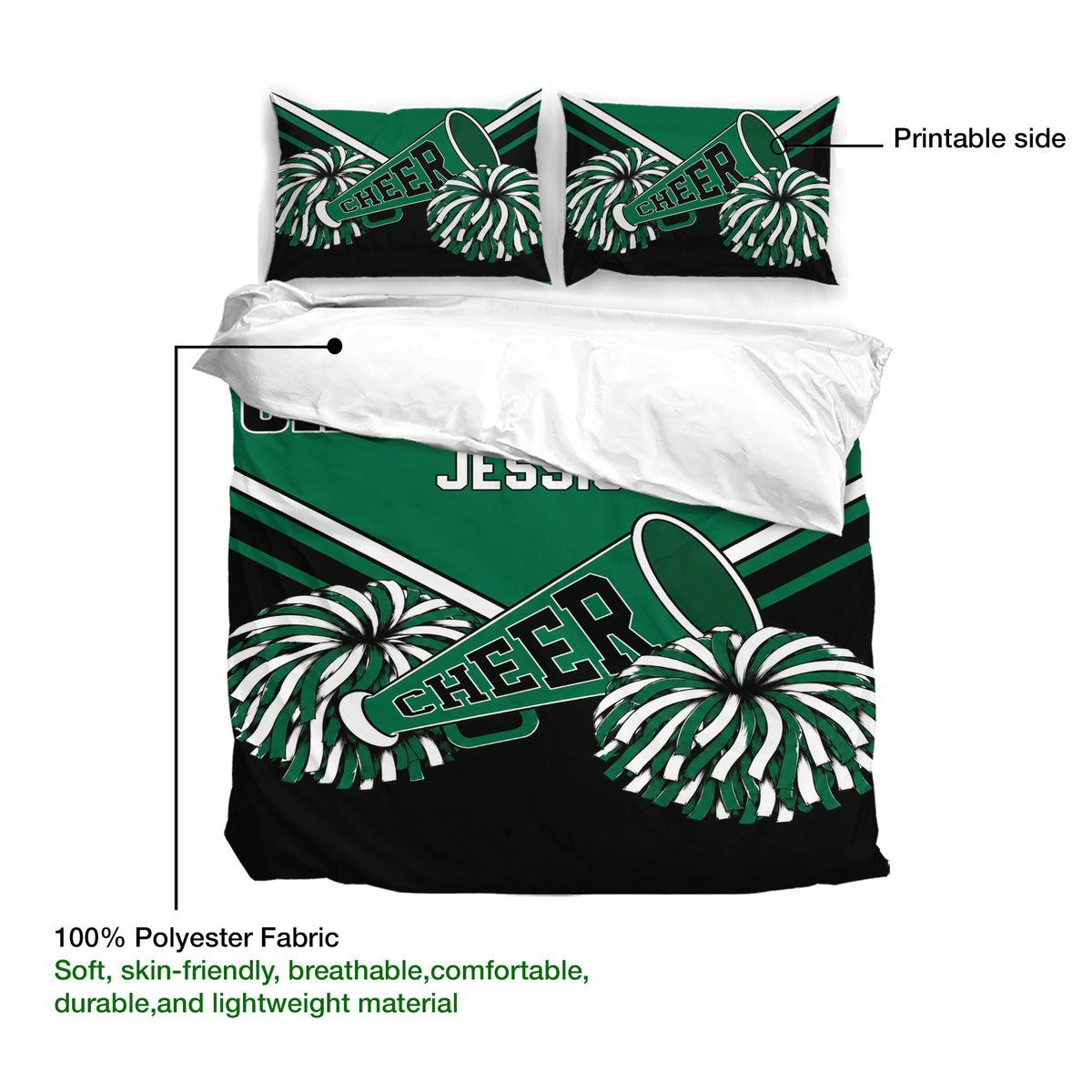 Green and black cheerleading bedding set showing the printable design and soft polyester fabric
