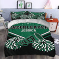 Custom cheerleading duvet cover set styled in a bedroom with bold lettering and pom-pom graphics