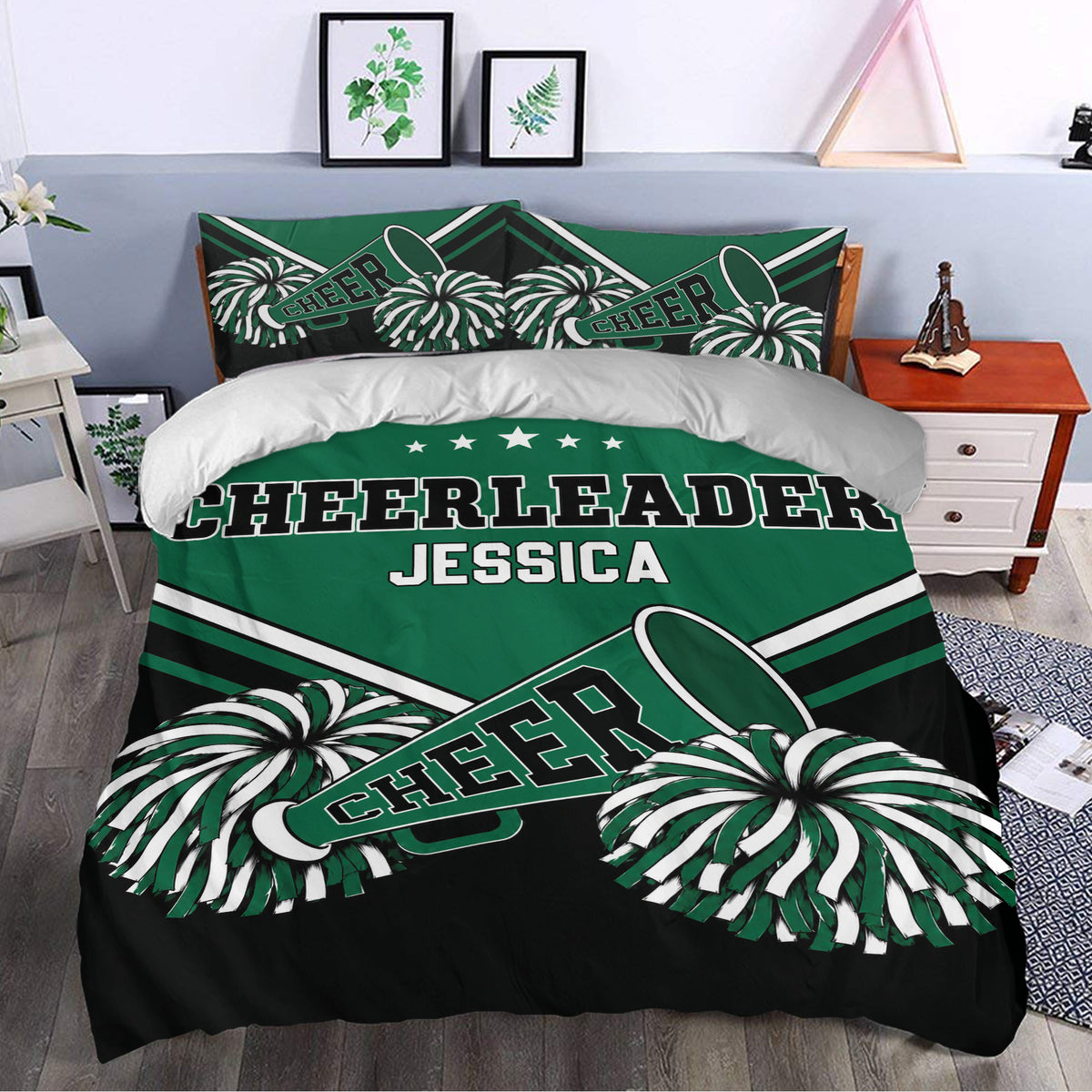 Custom cheerleading duvet cover set styled in a bedroom with bold lettering and pom-pom graphics