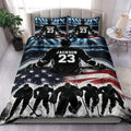 Custom hockey duvet cover set displayed on a bed with ice rink artwork, players, arena lights, and red white blue accents