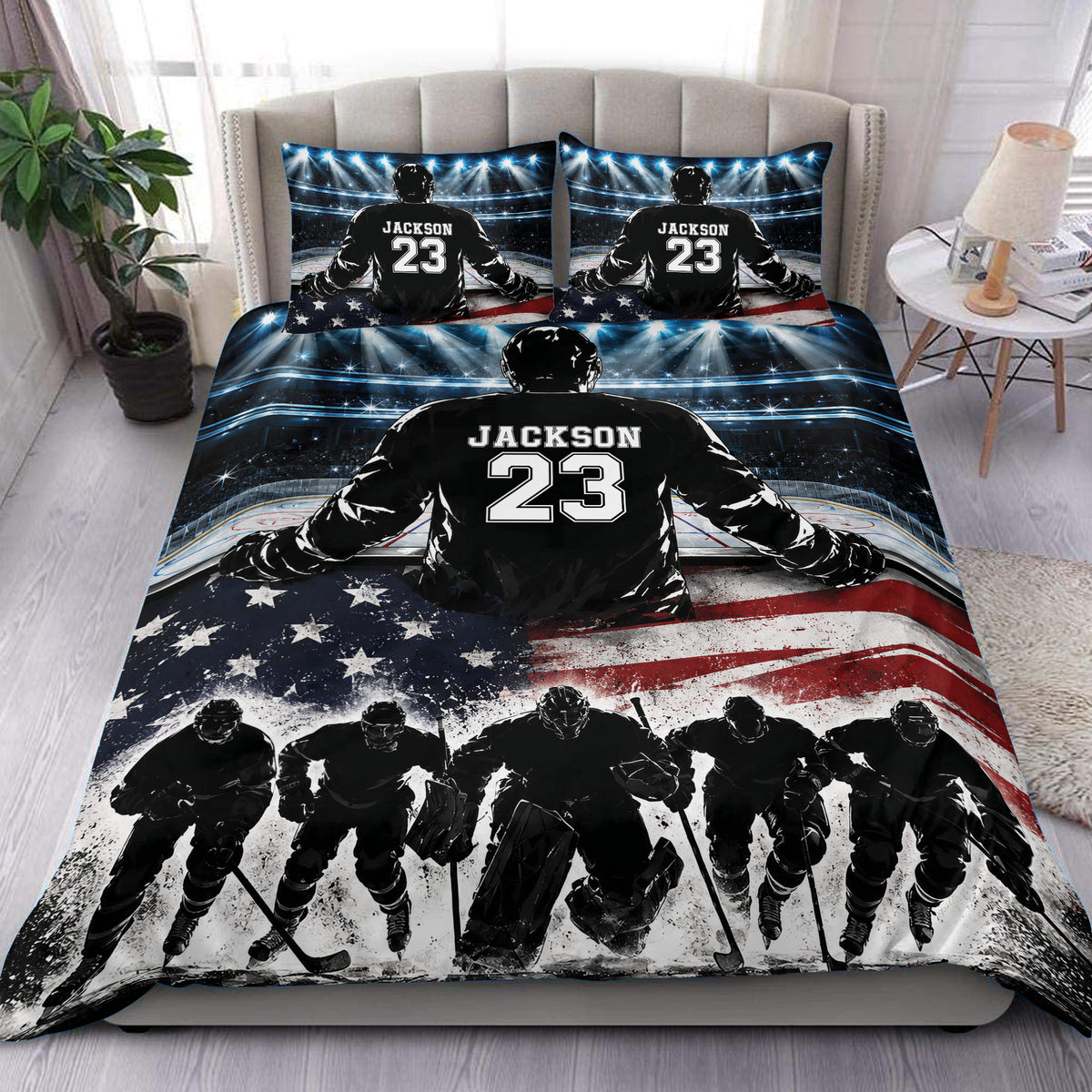 Custom hockey duvet cover set displayed on a bed with ice rink artwork, players, arena lights, and red white blue accents