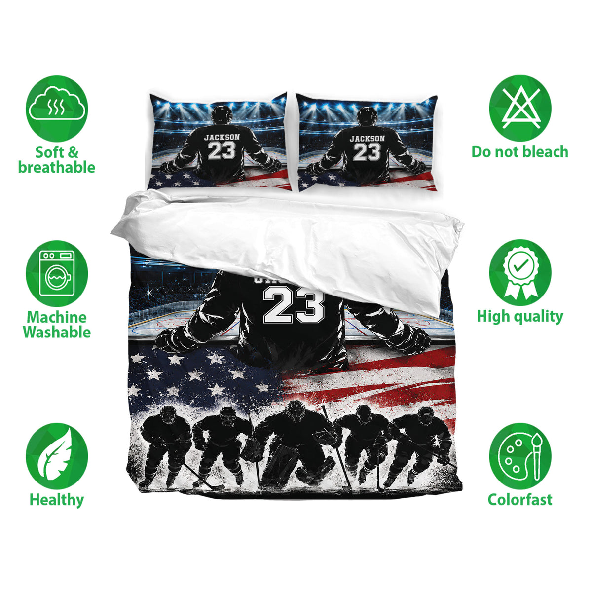Hockey duvet cover bedding set shown with matching pillowcases, breathable fabric icons, and colorful rink artwork