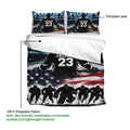 Hockey duvet cover set feature guide showing the printable side and soft polyester fabric with rink player artwork
