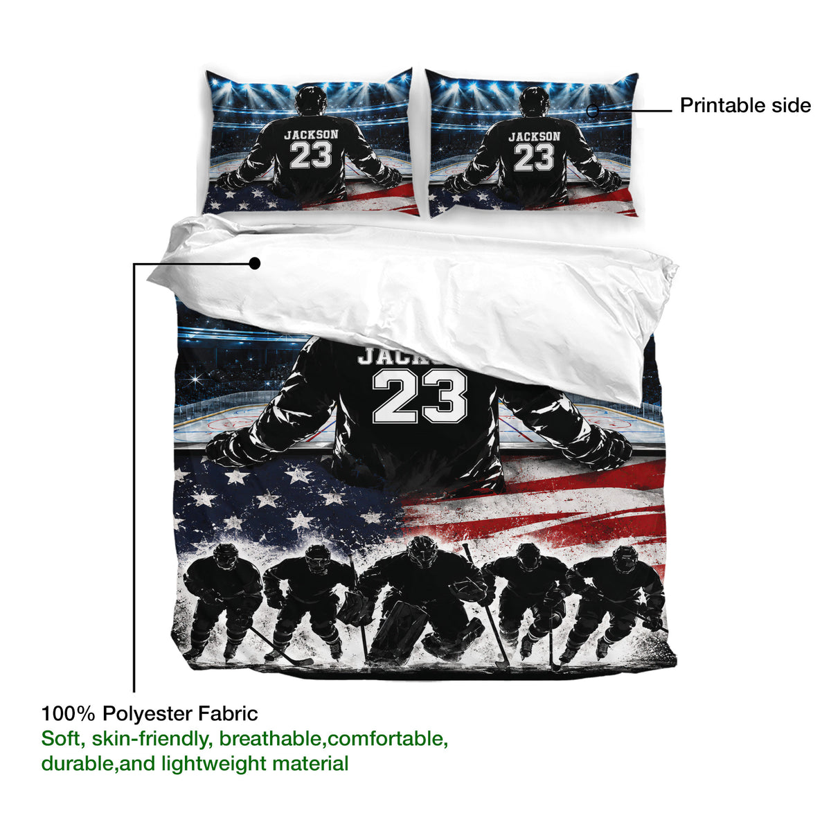 Hockey duvet cover set feature guide showing the printable side and soft polyester fabric with rink player artwork
