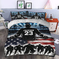 Hockey bedding set styled in a bedroom with arena lights, ice rink graphics, players, and matching pillowcases