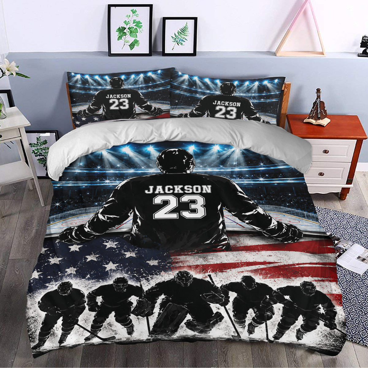 Hockey bedding set styled in a bedroom with arena lights, ice rink graphics, players, and matching pillowcases