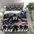 Hockey duvet cover bedding displayed in a bright bedroom with dramatic player artwork and red white blue rink details