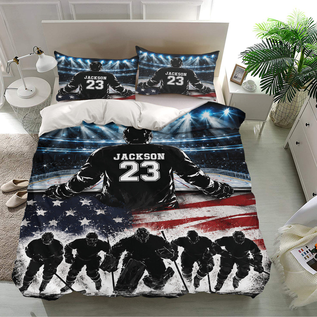 Hockey duvet cover bedding displayed in a bright bedroom with dramatic player artwork and red white blue rink details