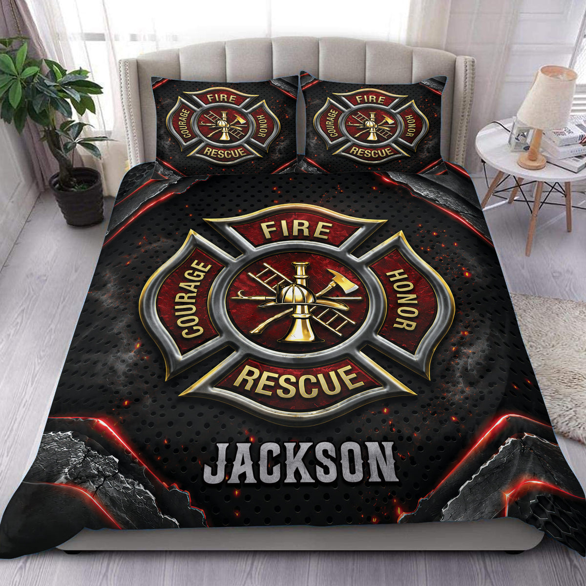Firefighter duvet cover set displayed on a bed with black, red, and gold rescue emblem artwork
