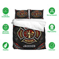 Firefighter bedding set showing a bold rescue emblem design with matching pillowcases and feature icons
