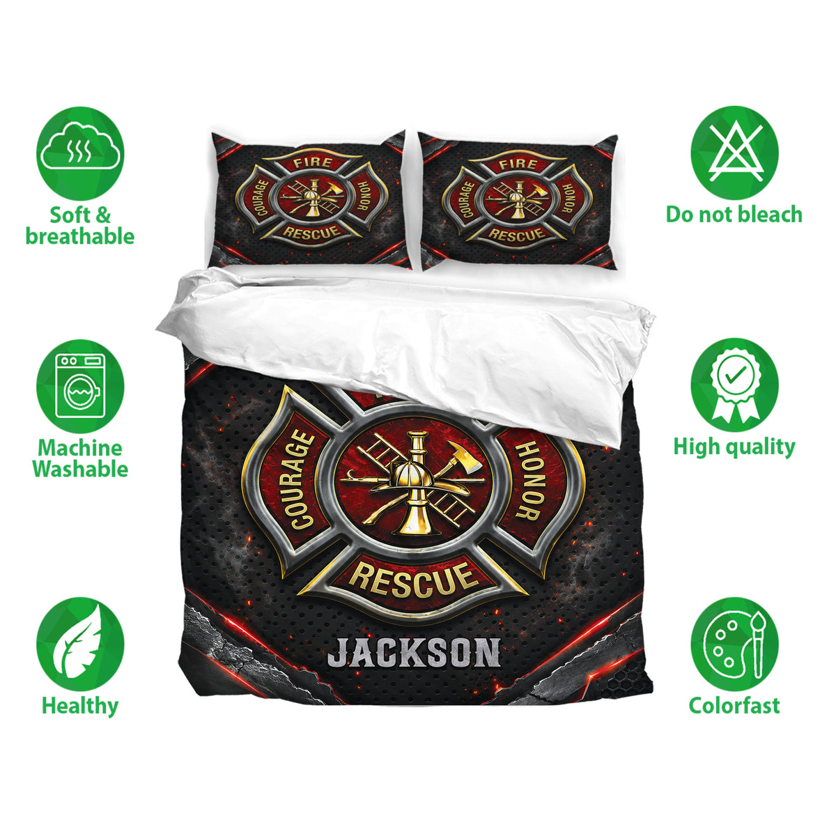 Firefighter bedding set showing a bold rescue emblem design with matching pillowcases and feature icons