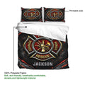 Firefighter duvet cover with rescue emblem artwork, matching pillowcases, and a soft polyester fabric callout