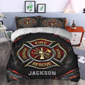 Firefighter duvet cover bedding set styled in a bedroom with dramatic black, red, and gold artwork