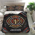 Firefighter bedroom decor featuring a rescue emblem duvet cover and matching pillowcases in bold colors