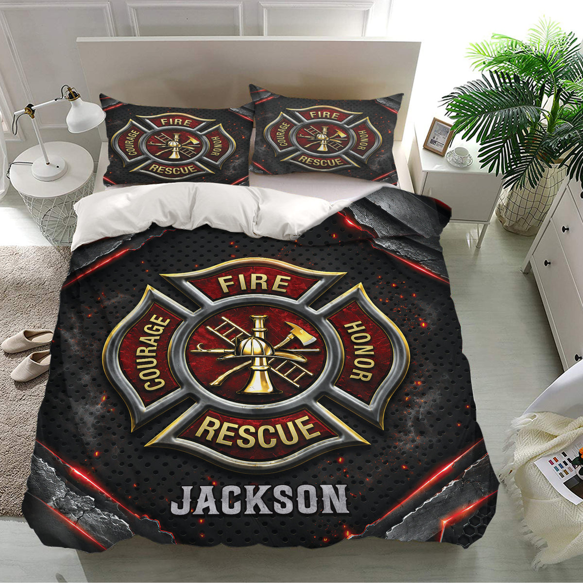 Firefighter bedroom decor featuring a rescue emblem duvet cover and matching pillowcases in bold colors
