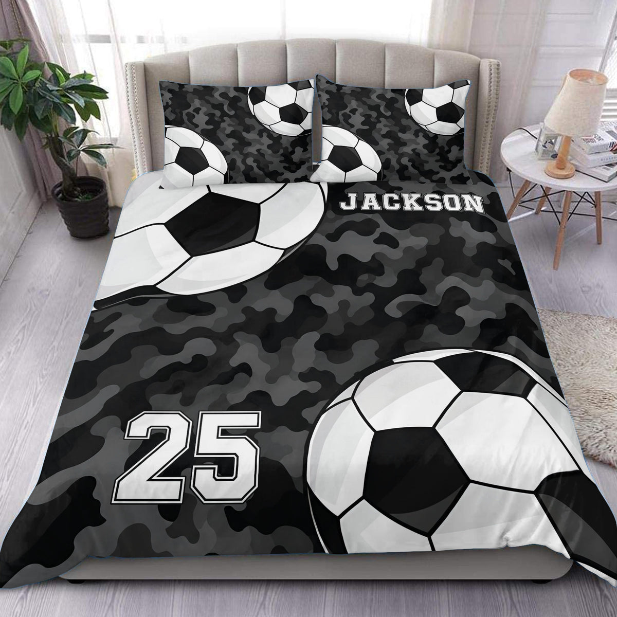 Soccer duvet cover set with black camouflage, soccer balls, custom name, and number design