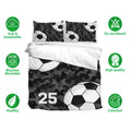 Black camouflage soccer duvet cover bedding set shown with matching pillowcases and care icons