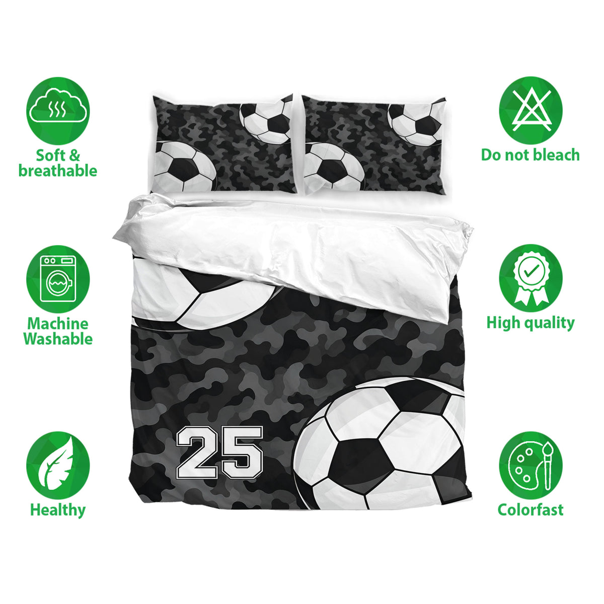 Black camouflage soccer duvet cover bedding set shown with matching pillowcases and care icons