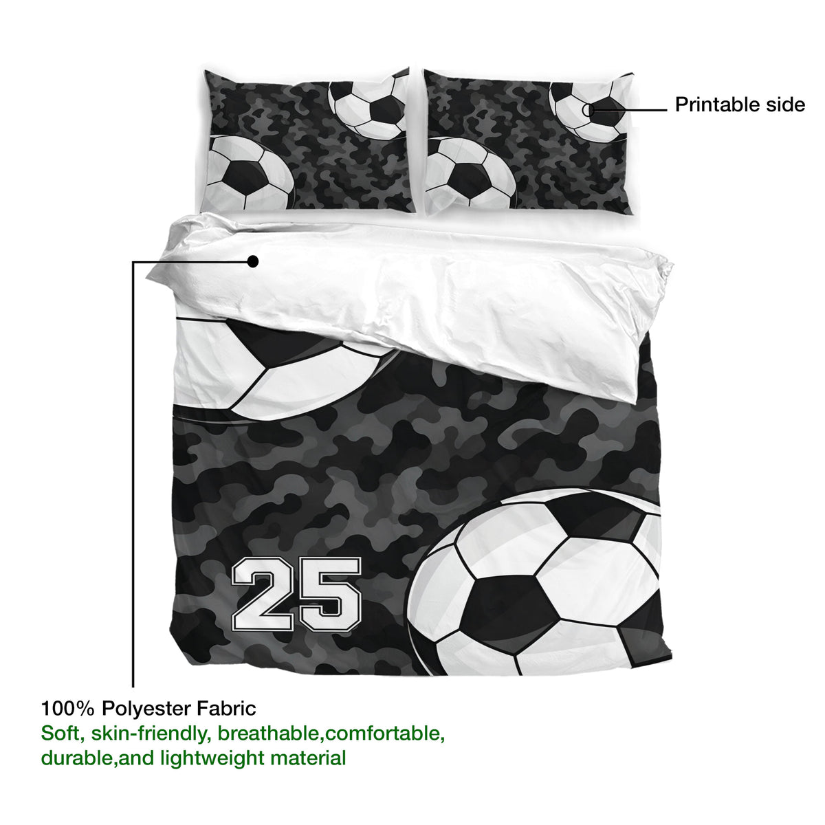 Soccer duvet cover set with black camouflage artwork, soccer balls, and soft polyester fabric details