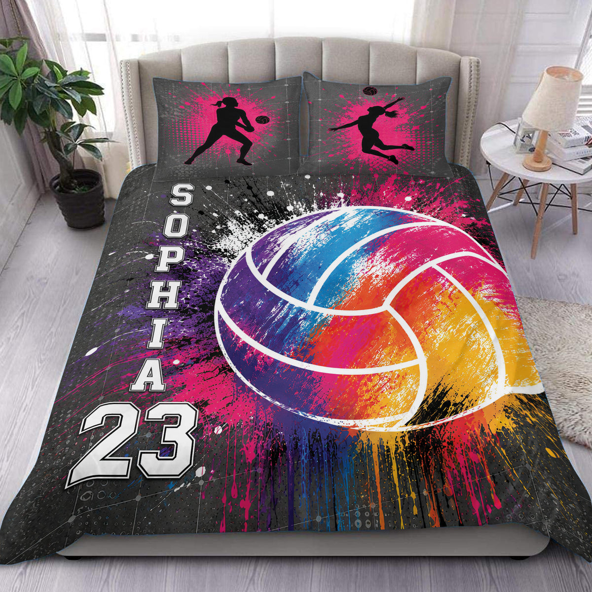 Volleyball duvet cover set featuring colorful paint splashes, a large ball graphic, and dynamic player silhouettes
