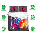 Volleyball bedding set displayed on a bed with vivid artwork and soft breathable fabric care icons
