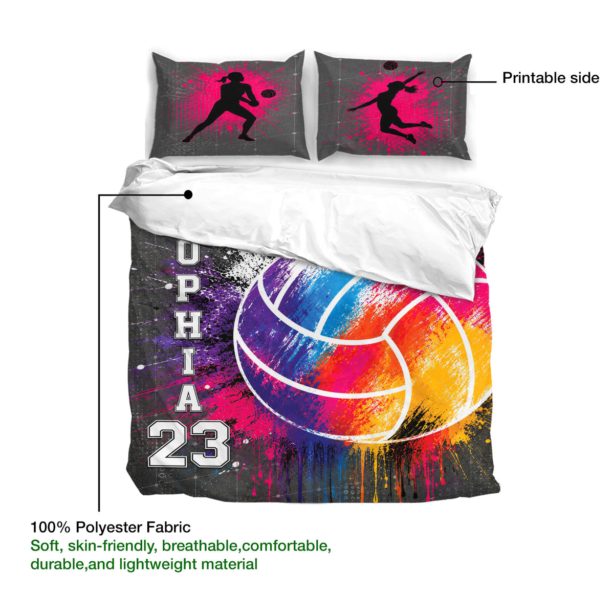 Volleyball duvet cover bedding set detail showing printed artwork, fabric information, and player silhouettes