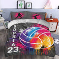 Colorful volleyball duvet cover set styled in a modern bedroom with bold paint-splash artwork