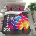 Volleyball bedding set shown on a bright bedroom bed with dynamic silhouettes and multicolor ball artwork