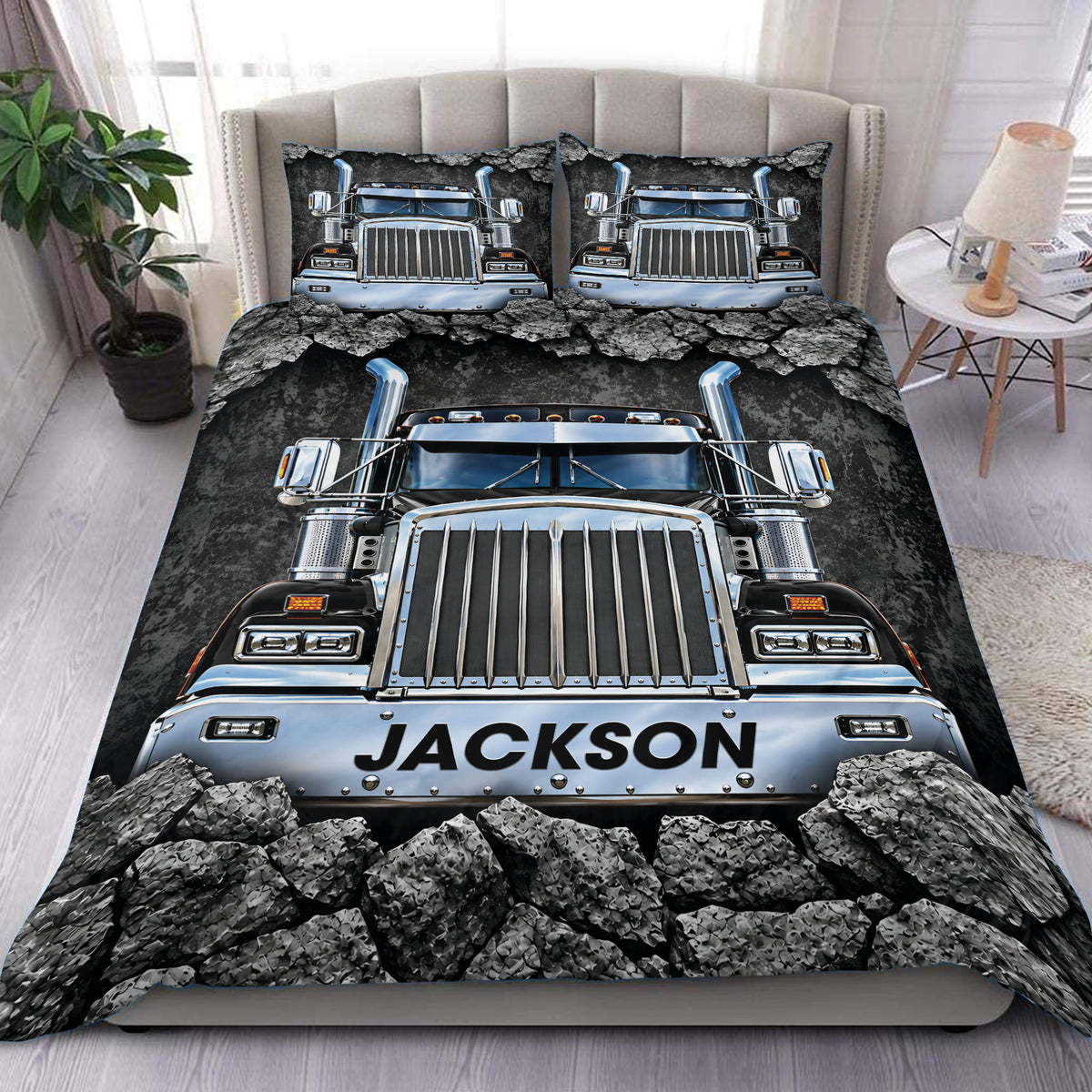 Custom Trucker Duvet Cover Set with Detailed Semi Truck and Rocky Road Artwork