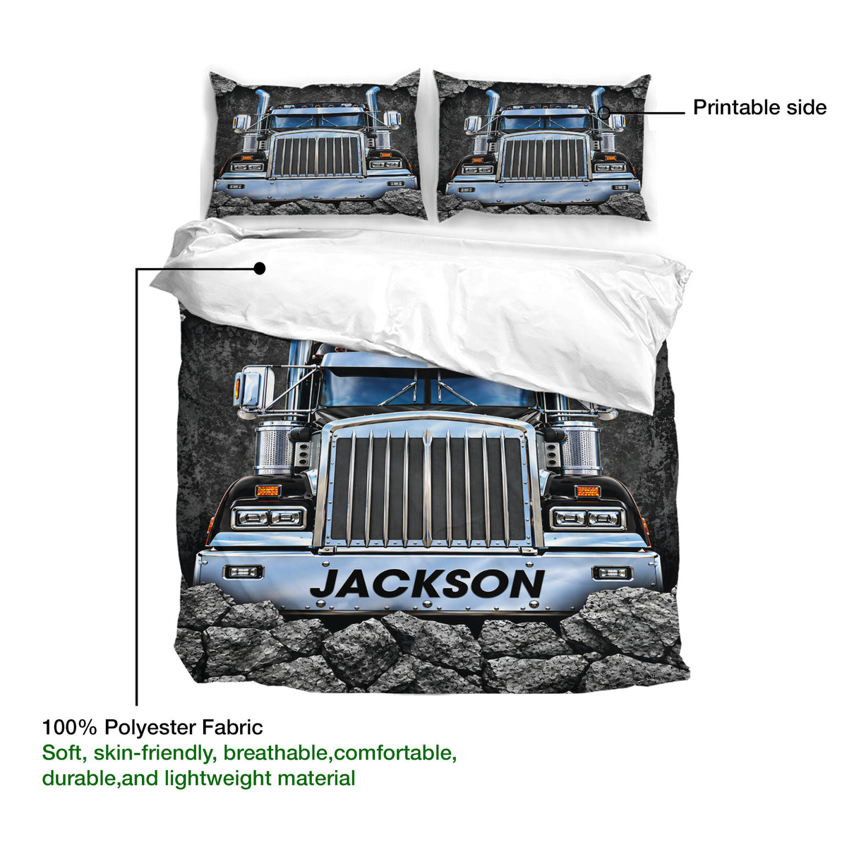 Trucker Duvet Cover Set showing semi truck artwork, printable side, and lightweight fabric