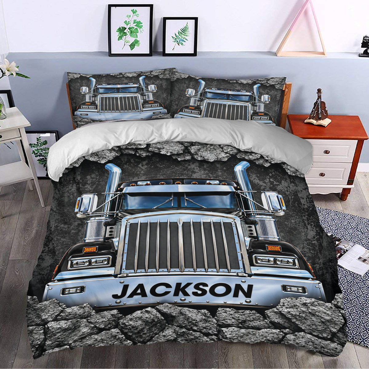 Semi truck Trucker Duvet Cover Set styled in a modern bedroom with matching pillowcases