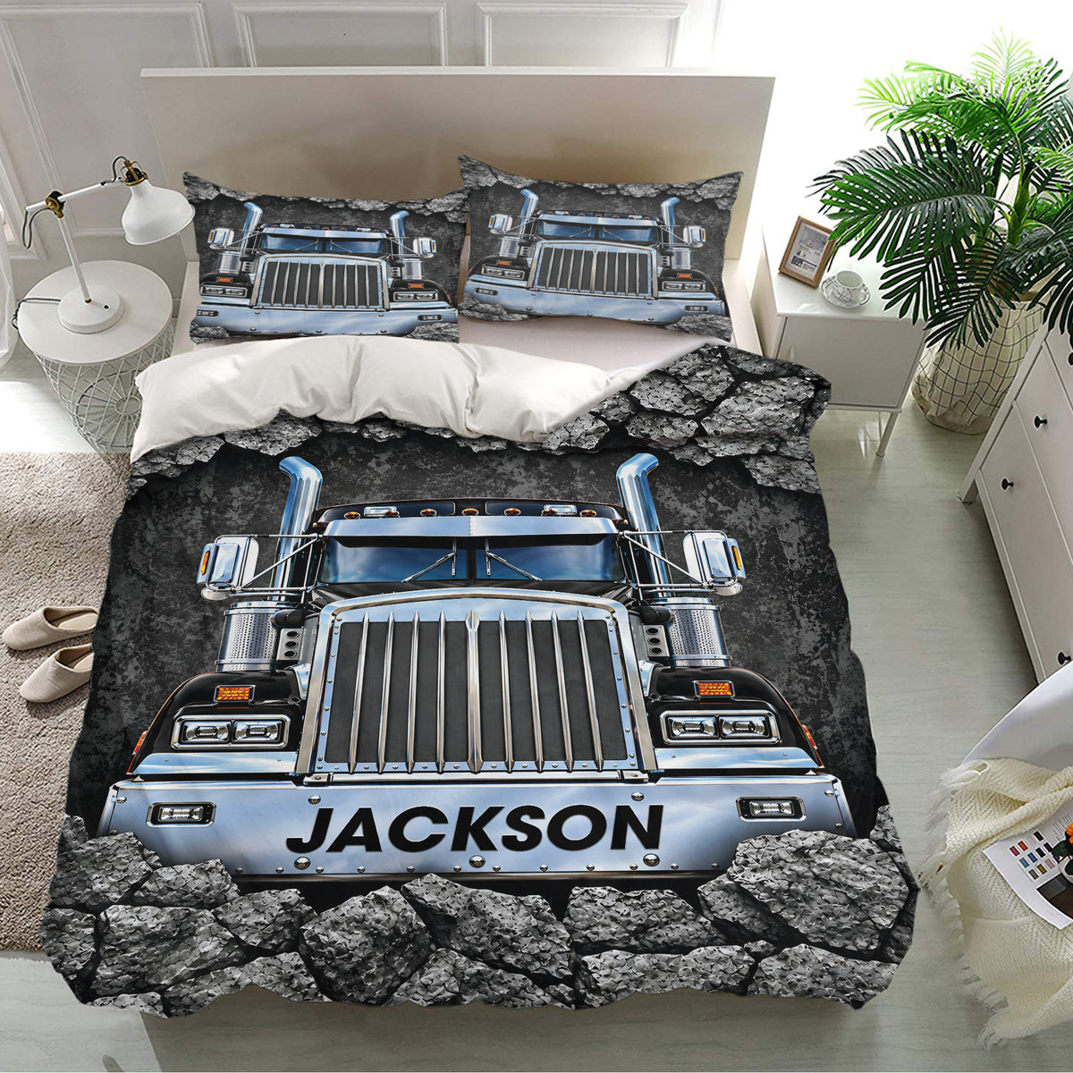 Trucker Bedding Set displayed in a bright bedroom with bold chrome semi truck artwork
