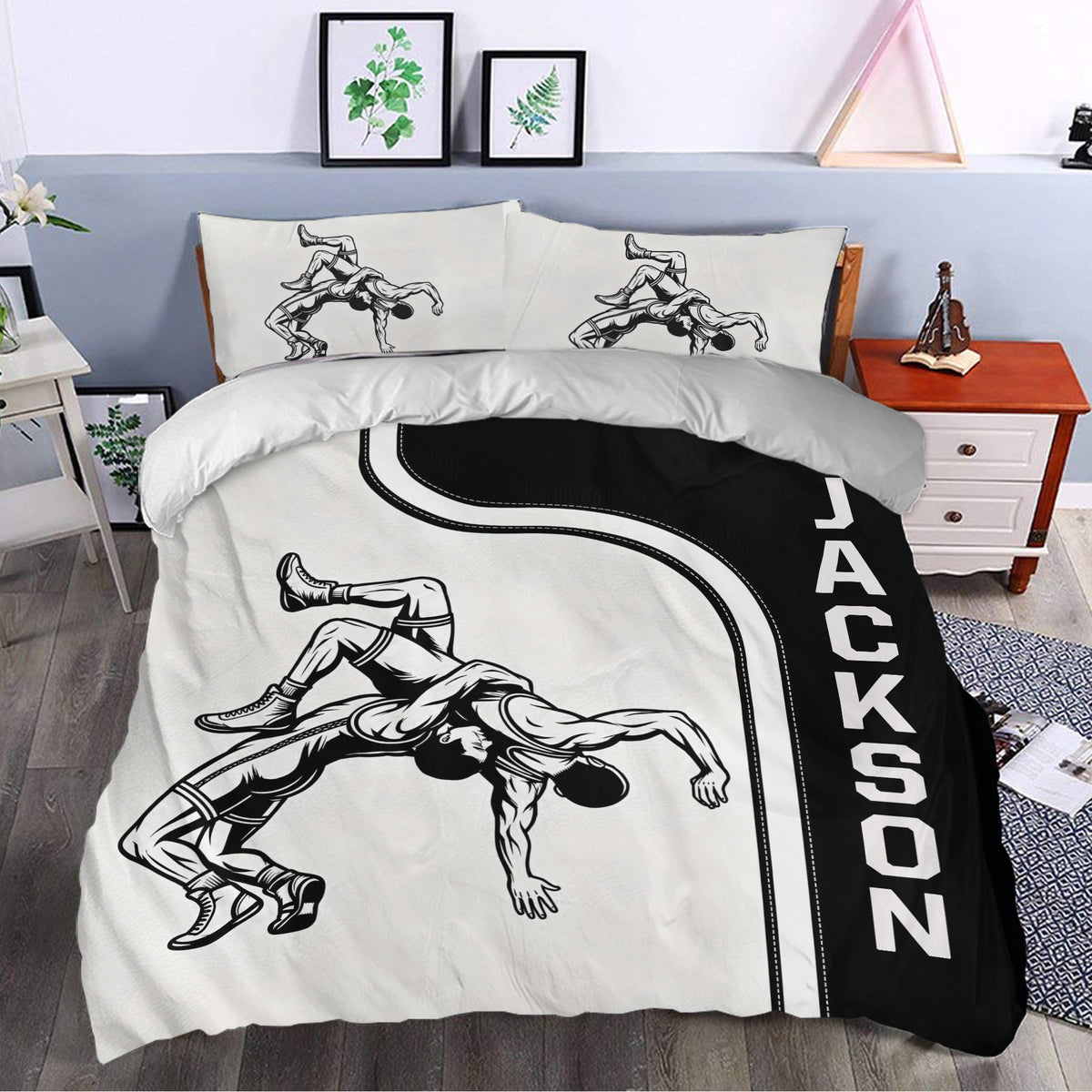 Wrestling duvet cover bedding set presented in a bedroom with bold black and white athletic artwork