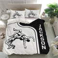Wrestling bedding set displayed in a bright bedroom with matching grappling illustrations and black accent panels