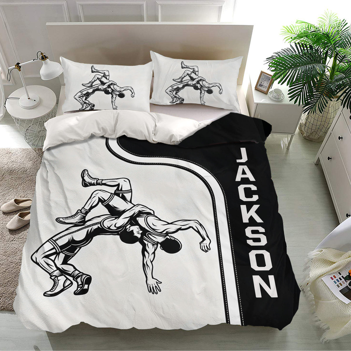 Wrestling bedding set displayed in a bright bedroom with matching grappling illustrations and black accent panels