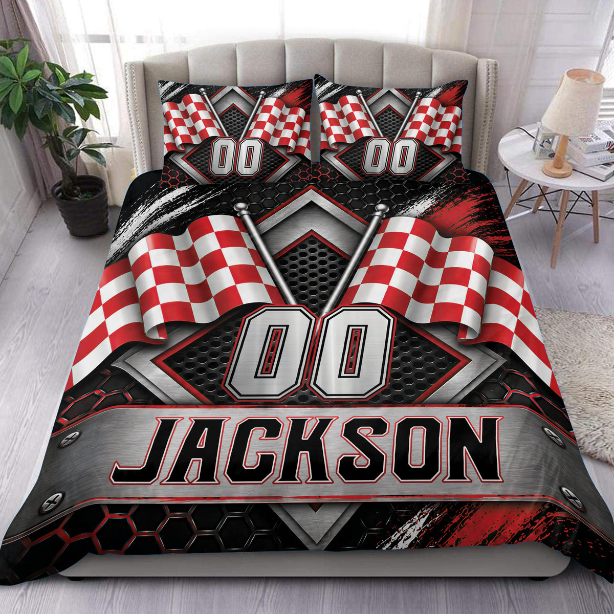 Racing duvet cover set with red and white checkered flags, metallic graphics, and bold black bedroom styling