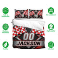 Racing bedding set featuring red checkered flags, metallic accents, and a bold black and red duvet cover design