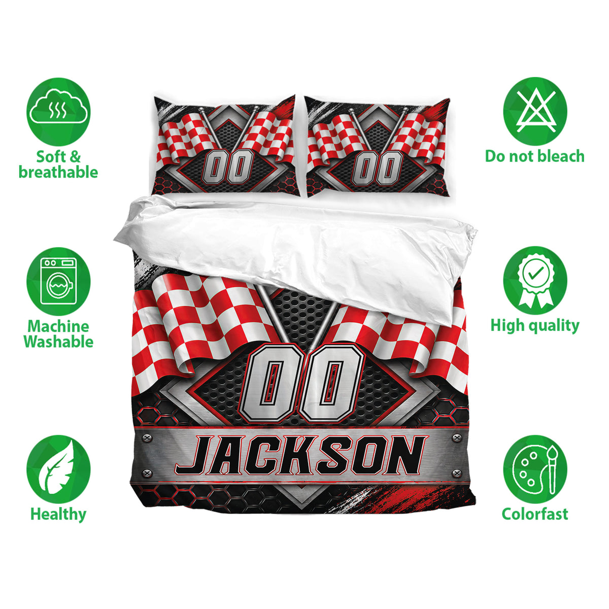 Racing bedding set featuring red checkered flags, metallic accents, and a bold black and red duvet cover design
