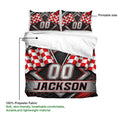 Racing duvet cover set presentation highlighting the printable side and soft polyester fabric design