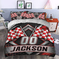 Racing duvet cover styled in a bedroom with red checkered flags, metallic details, and bold motorsport artwork