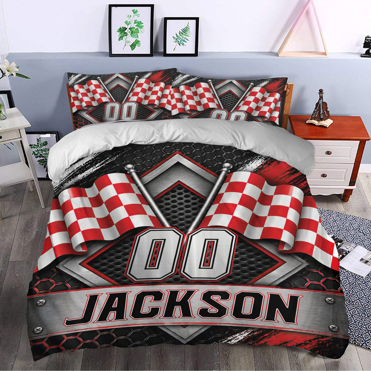 Racing duvet cover styled in a bedroom with red checkered flags, metallic details, and bold motorsport artwork