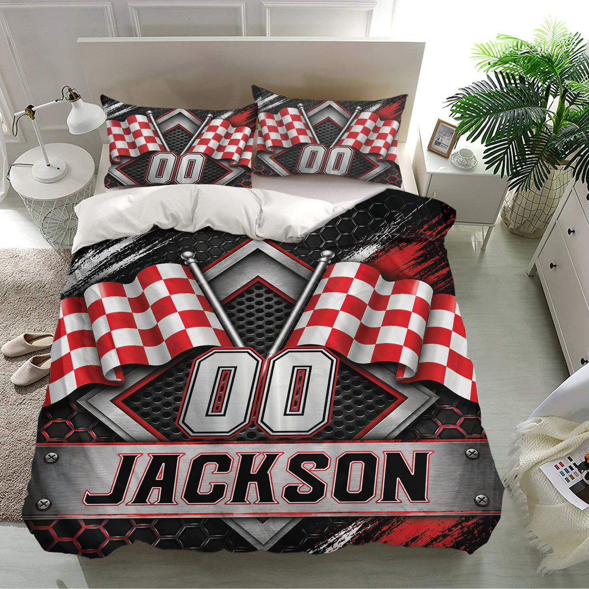 Black, red, and white racing duvet cover bedding set displayed in a bright modern bedroom