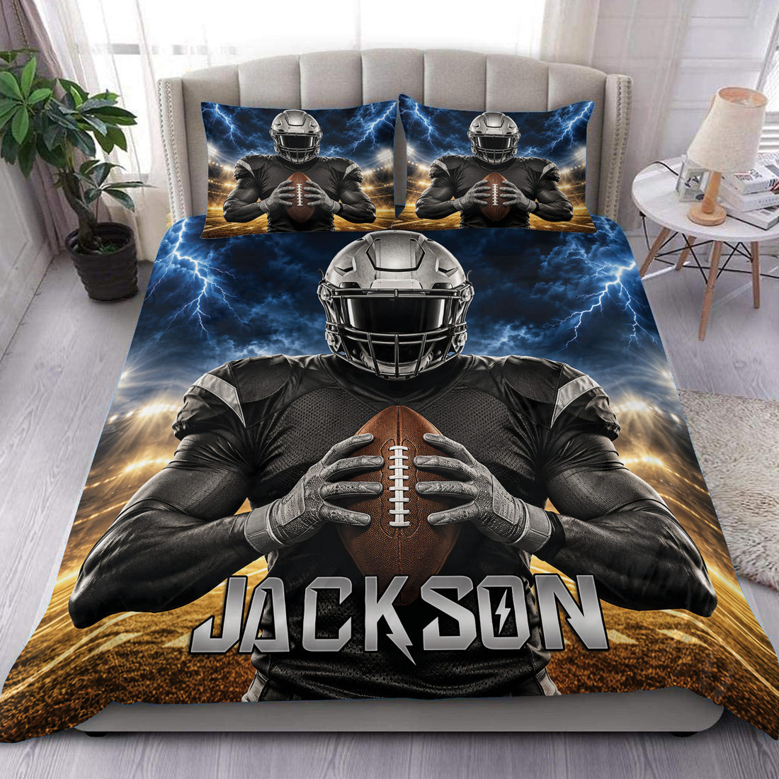 Football duvet cover set displayed on a bed with helmeted player artwork, blue lightning, and stadium lights