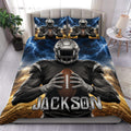 Football duvet cover set displayed on a bed with helmeted player artwork, blue lightning, and stadium lights