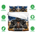 Football bedding set featuring a helmeted player holding a football against blue lightning and stadium scenery