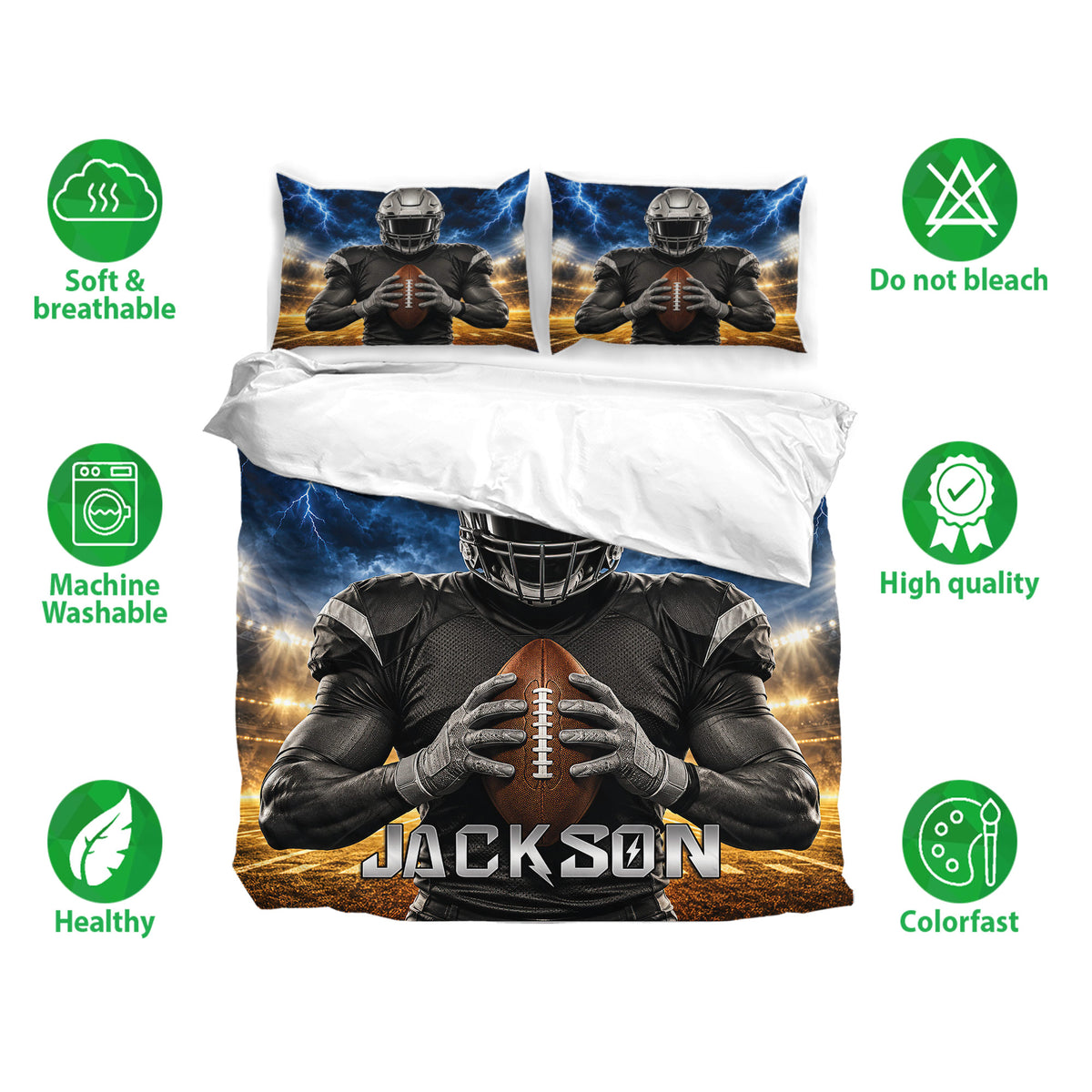 Football bedding set featuring a helmeted player holding a football against blue lightning and stadium scenery