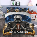 Football duvet cover set styled in a bedroom with bold blue lightning, stadium lights, and player artwork
