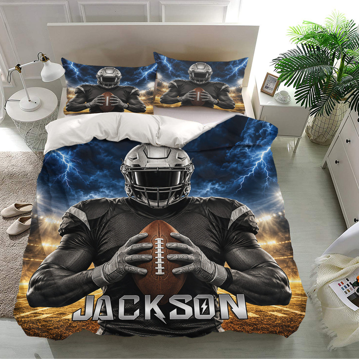 Football bedding displayed in a bright bedroom with matching player pillowcases and dramatic blue lightning design