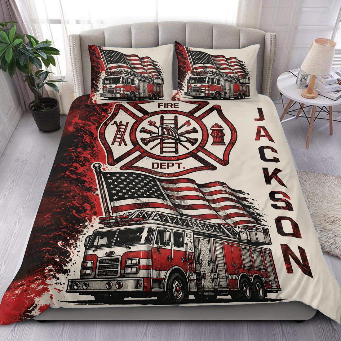 Firefighter duvet cover set displayed on a bed with red fire trucks, flags, and fire station emblem artwork